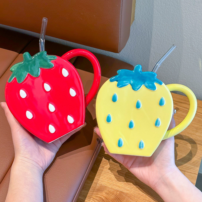 cute strawberry ceramic cup large capacity with lid straw water cup girls high face value design sense niche mug