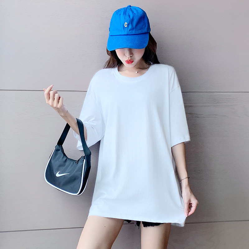夏季纯棉短袖t恤女纯色新款韩版宽松中长款遮肚大码上衣女装潮