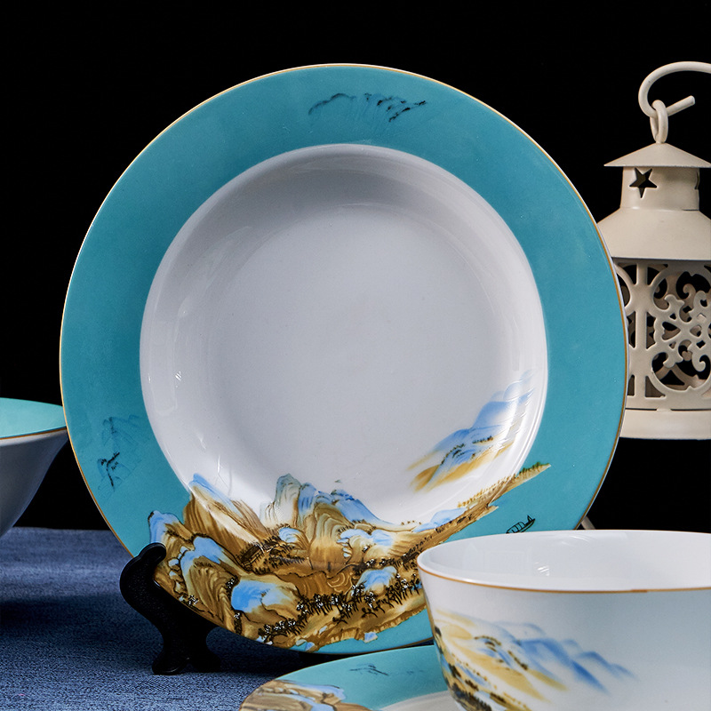 千里江山餐具16件套碗碟套装陶瓷碗盘勺家用国潮文创礼品