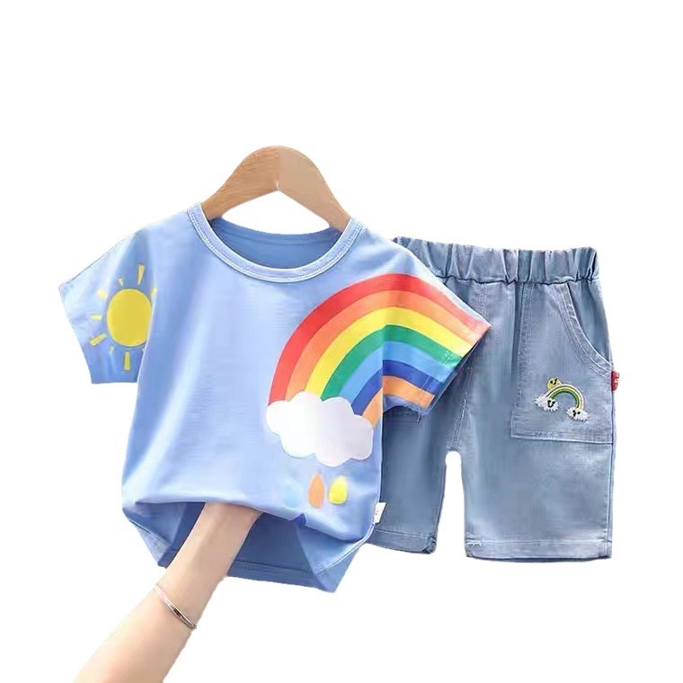 Boys' Cool Handsome Summer Clothes 2023 New Baby Boy Summer Clothes Trendy Children's Trendy Short Sleeve Shorts Suit