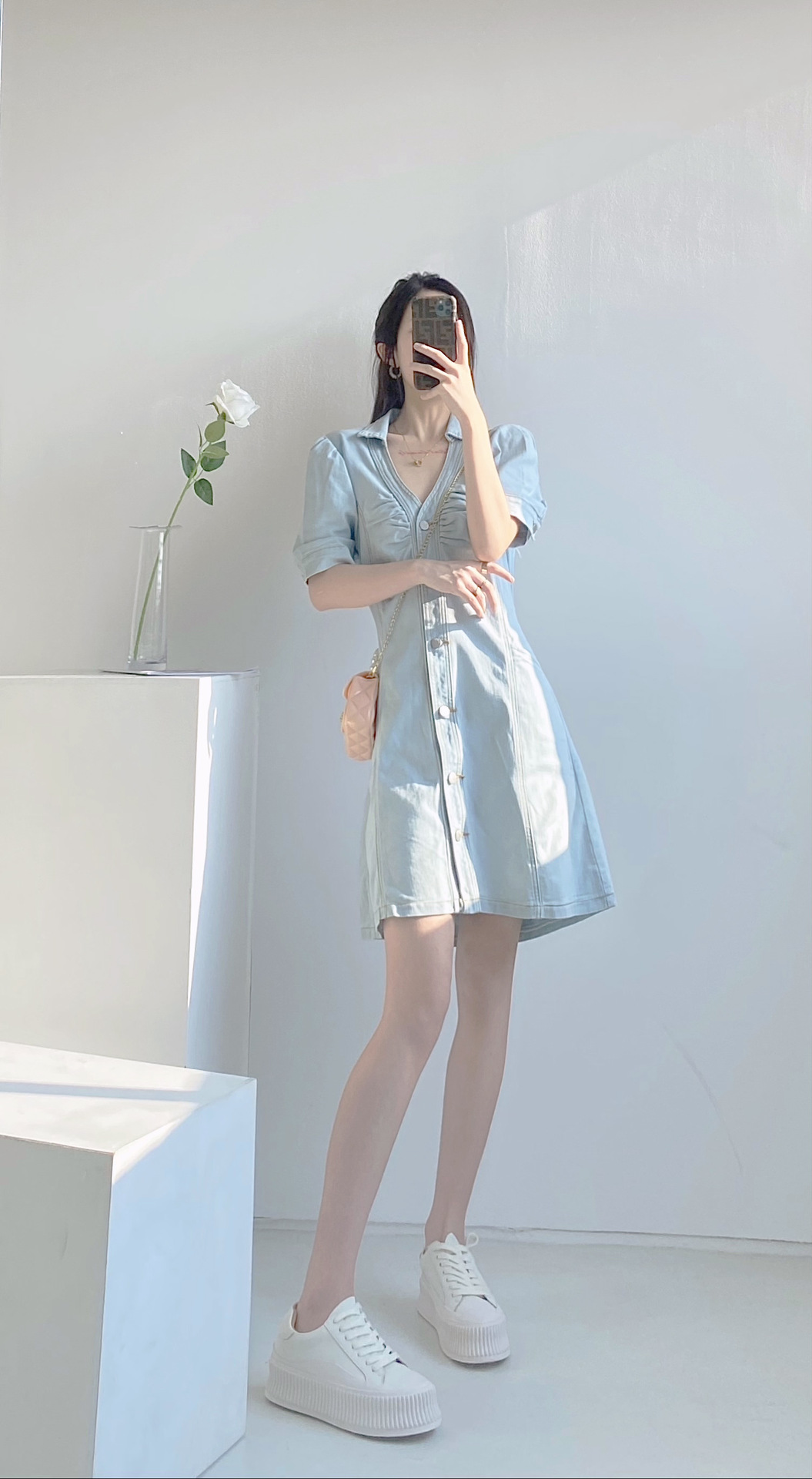 2021夏季新款时间牛仔裙修身显瘦浅色连衣裙a字裙中长裙学院风