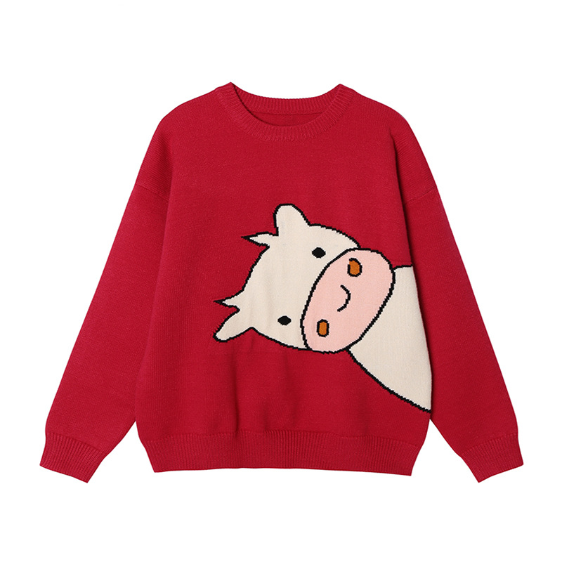 秋冬新款红色毛衣女本命年牛情侣卡通宽松打底保暖套头针织衫上衣