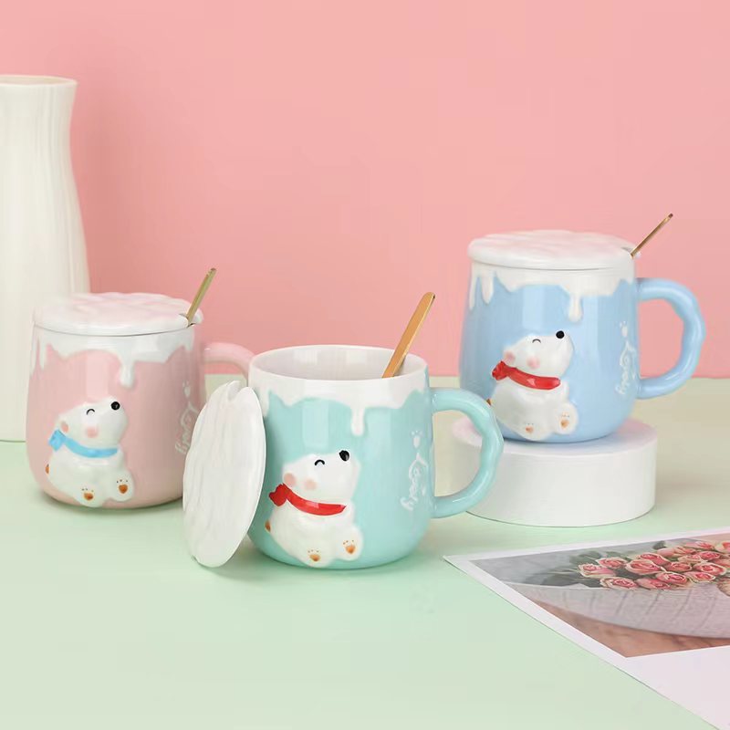 Cute Ceramic High-Looking Cute Polar Bear Cream Coffee Cup Cartoon Household Stainless Steel Spoon Student Water Cup