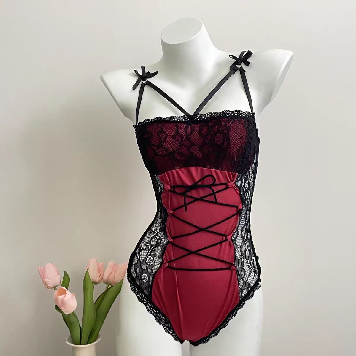 情趣连体红色连体蕾丝拼接开档免托一件代发-阿里巴巴