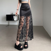 设计感黑色半身裙女夏季新款高腰中长款包臀裙气质蕾丝拼接a字裙