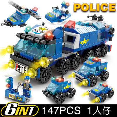 Cross-Border Compatible Lego Boy Military Excavator Fire Truck Police Car Puzzle Assembled Building Blocks Children's Small Toys