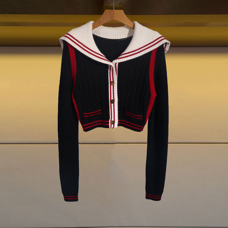 2021冬季新款时尚海军领毛衣短款外套开衫撞色针织衫上衣n164201e