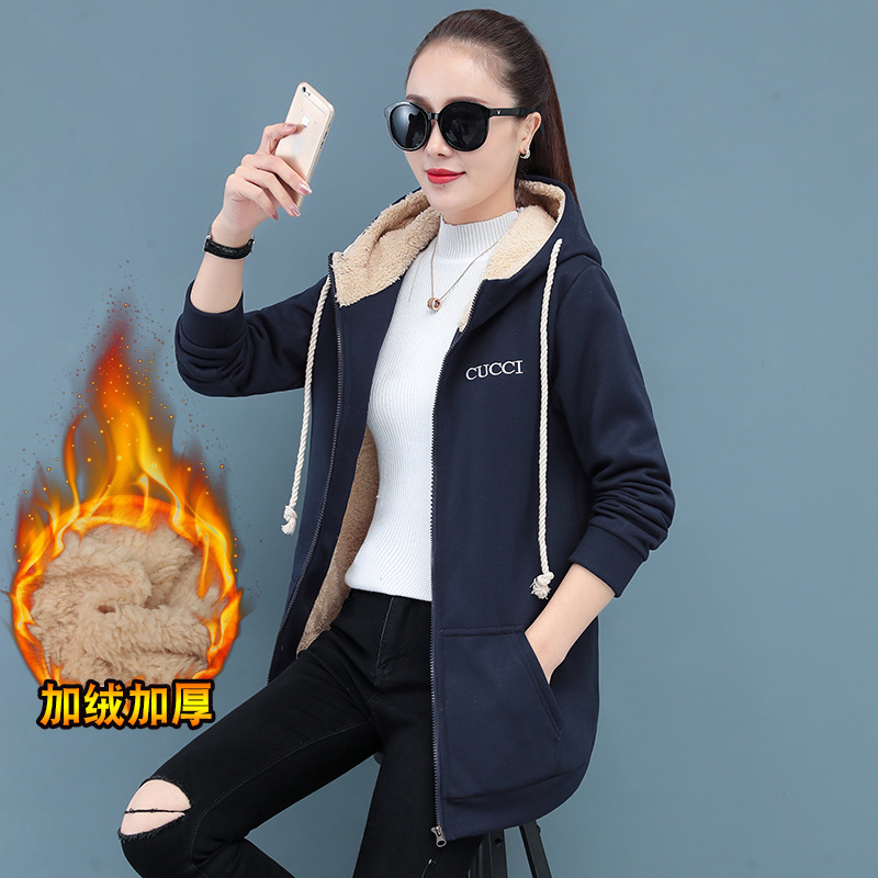 加绒加厚卫衣女秋冬2021新款大码羊羔连帽开衫纯棉宽松冬季外套暖