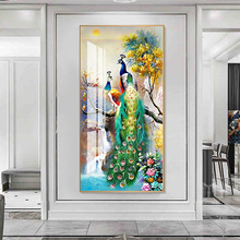 孔雀玄关装饰画走廊过道壁画正对门新中式挂画现代客厅晶瓷画墙画