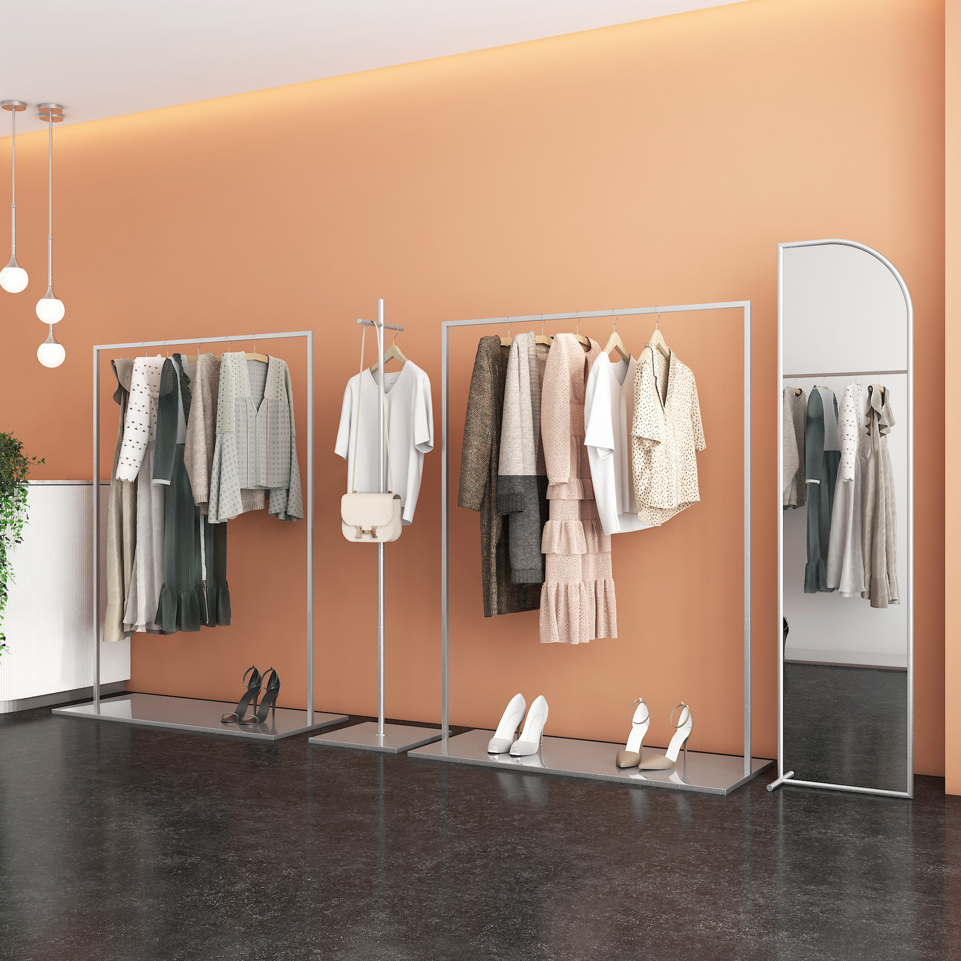 简约落地银色服装店展示架女装店铁艺陈列架侧挂架男女装货架批发