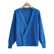 2022春季新品 法式蓝休闲毛衣单排扣V领宽松针织衫E1831