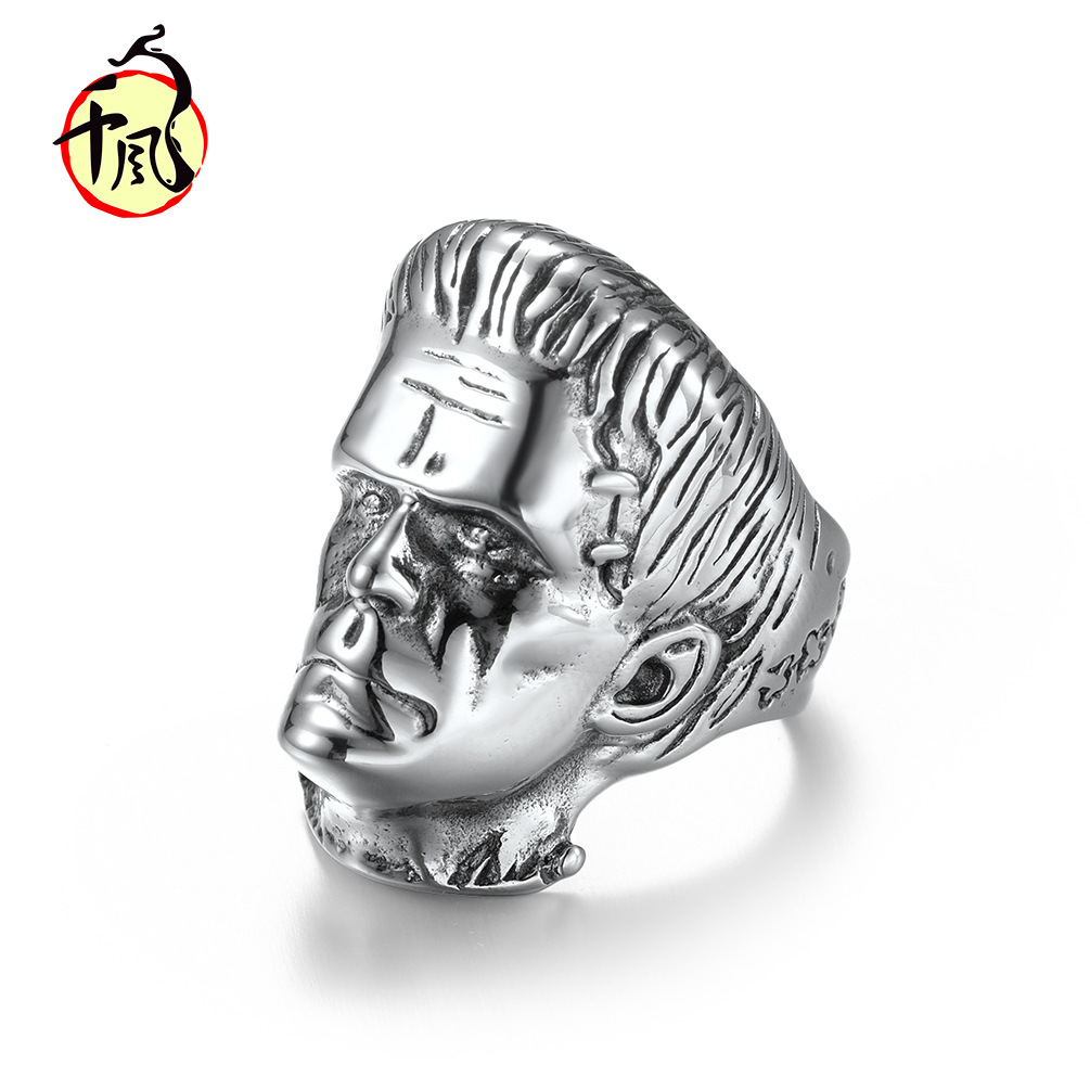 欧美风复古人头像嘻哈hip hop不锈钢戒指环 坚韧不屈男士励志戒指