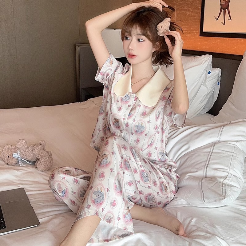 冰丝睡衣女2024年夏季新款短袖长裤甜美高级感夏天薄款家居服套装