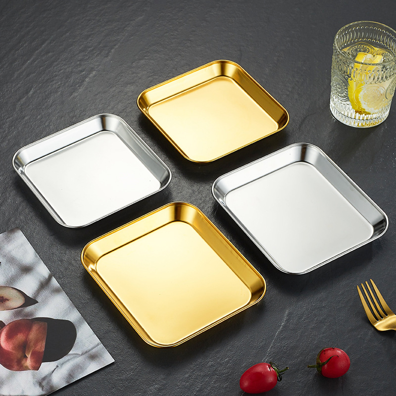 Hz479 Stainless Steel 304 Square Plate Golden Square Flat Bottom Plate Snack Plate Roast Meat Shop Tableware Barbecue Plate Dish