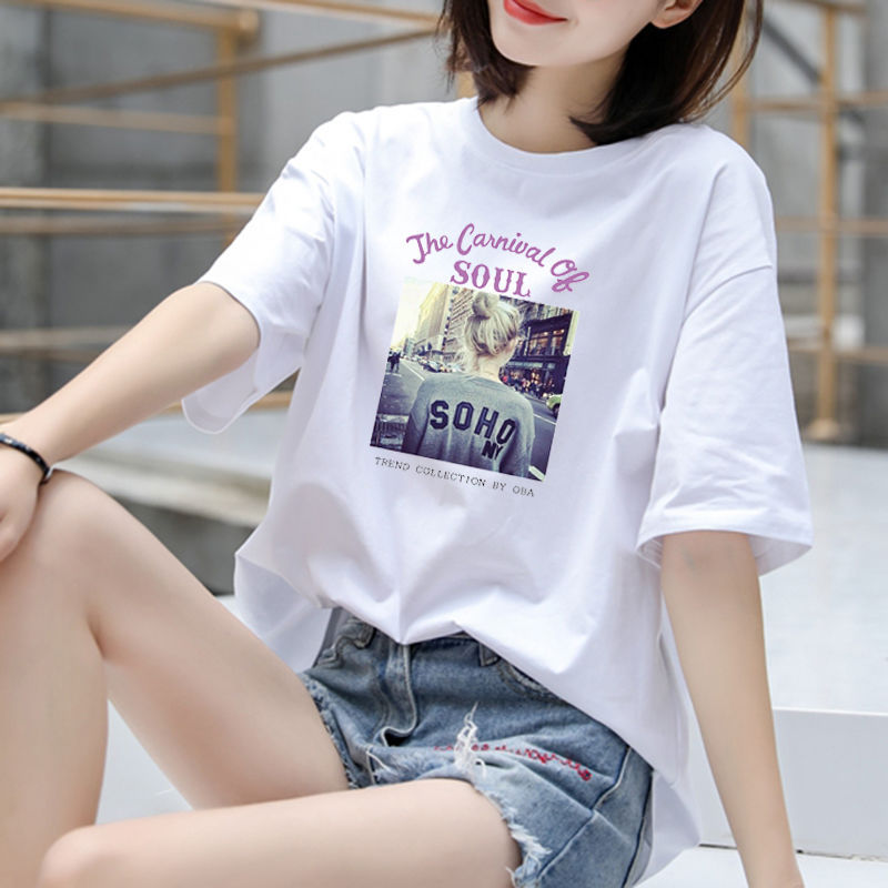 New Pure Cotton Short Sleeve T-shirt Women's Loose Summer Versatile Hip Hop Style White round Neck 100% Cotton Top Ins Fashion Wholesale