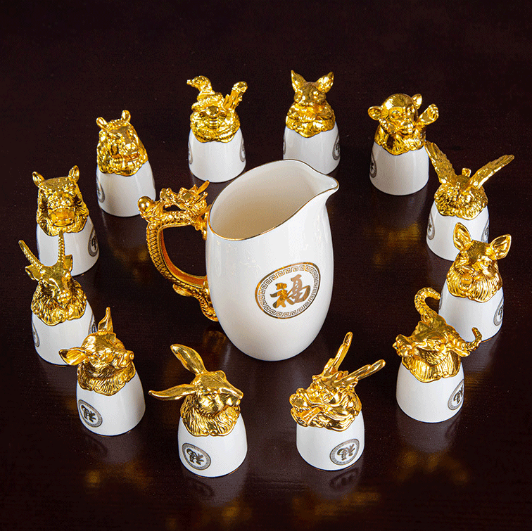 镀金十二生肖白酒分酒器套装高档礼品酒具创意陶瓷兽首白酒杯批发