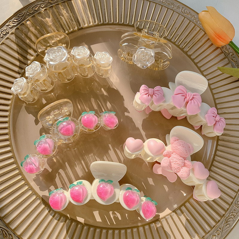 Fairy Peach Grip Korean Internet Celebrity Sweet Girl Updo Shark Clip Acrylic Pink Bear Barrettes