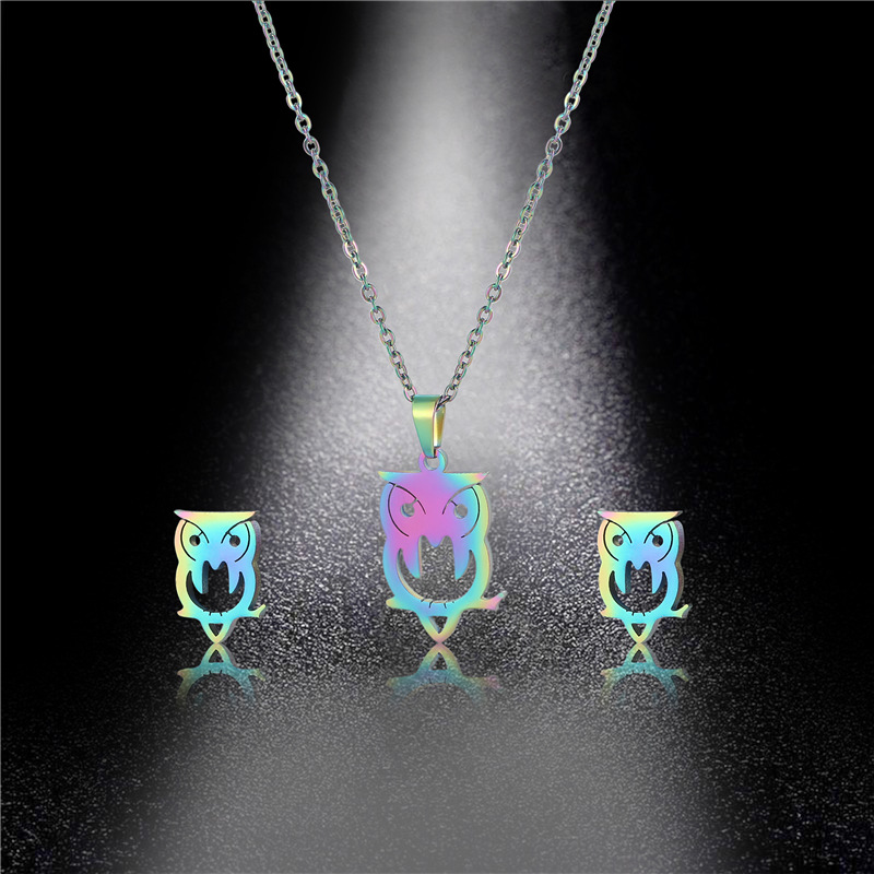 Europe and America Cross Border Colorful Stainless Steel Owl Necklace and Earrings Suite Laser Cut Glossy Color Necklace Sets Chain