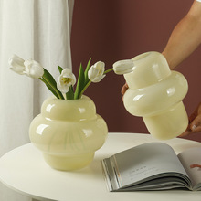复古ins奶油黄玻璃花瓶摆件客厅插花透明水培鲜花中古小众高知日
