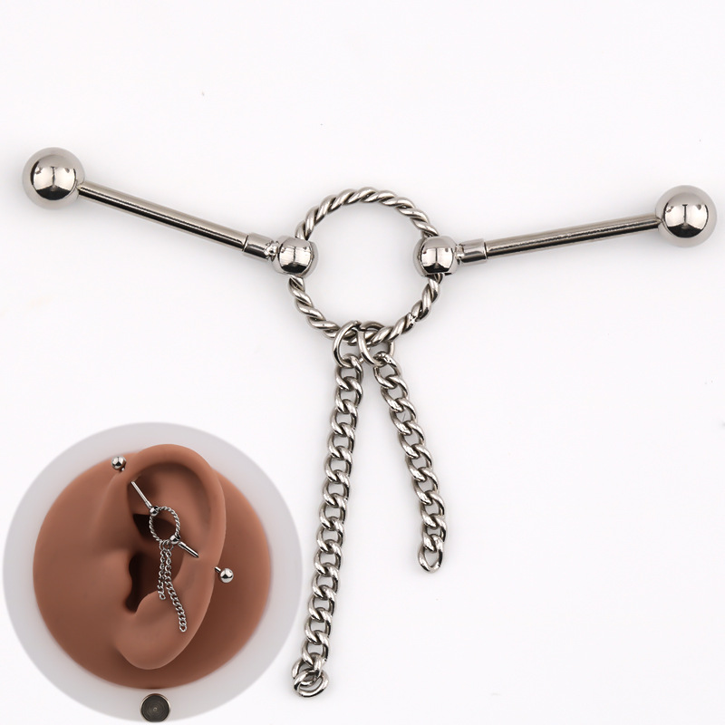 14G Barbell Ear Studs External Thread Body Piercing Chain Ring Double Ear Piercings Two-Section Earrings Cross-Border Simple