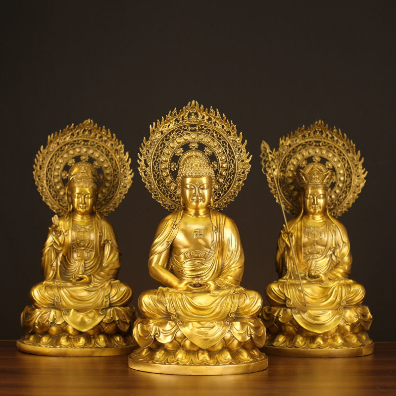 娑婆三圣佛像黄铜地藏王铜像观音菩萨佛像摆件释迦摩尼佛居家供奉