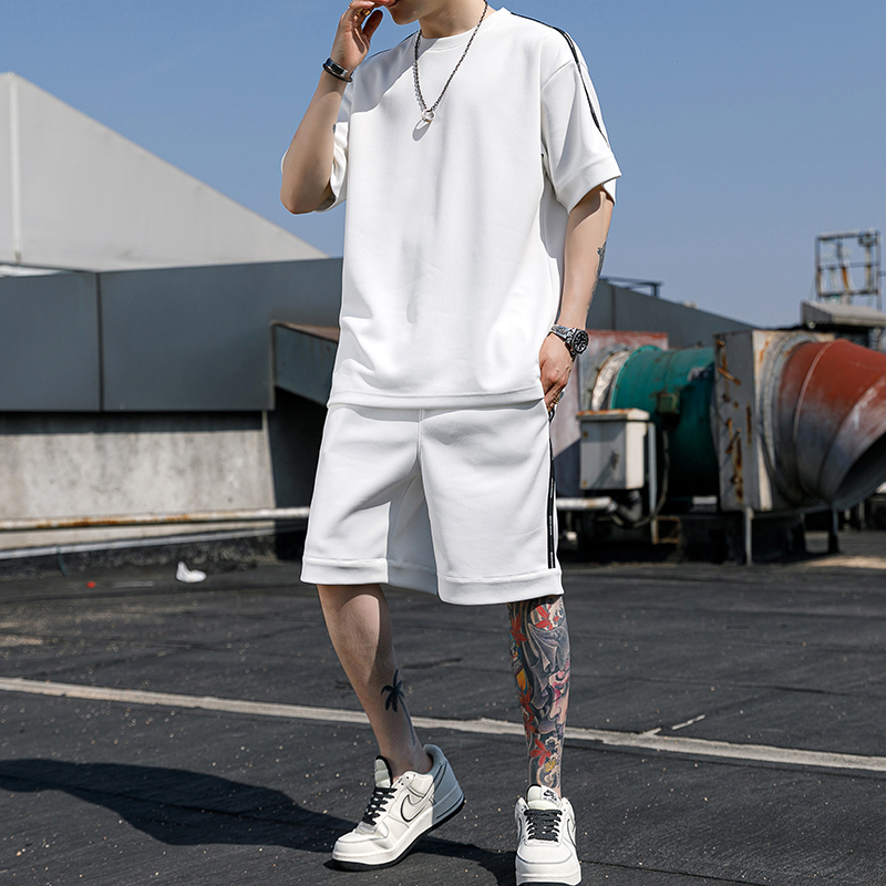 夏季时尚休闲运动男生酷帅穿搭套装男装搭配帅气白色一整套短袖潮