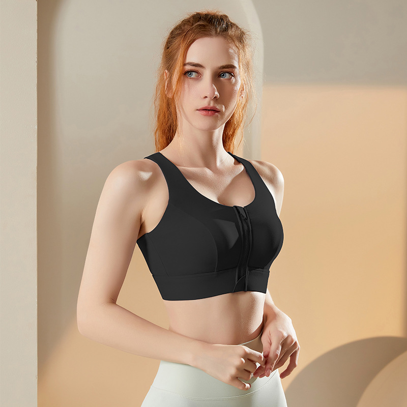 Plus Size Front Zipper Sports Underwear Women's High Strength Shockproof Running Workout Bra Fixed Chest Pad Yoga Vest