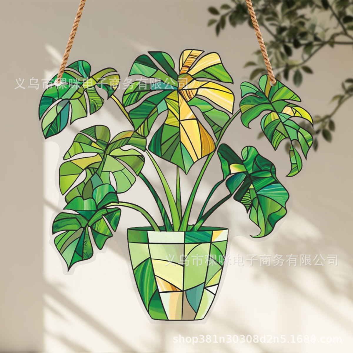 2024跨境亚克力印刷龟背竹绿色植物吊篮家居阳台客厅悬挂装饰壁挂
