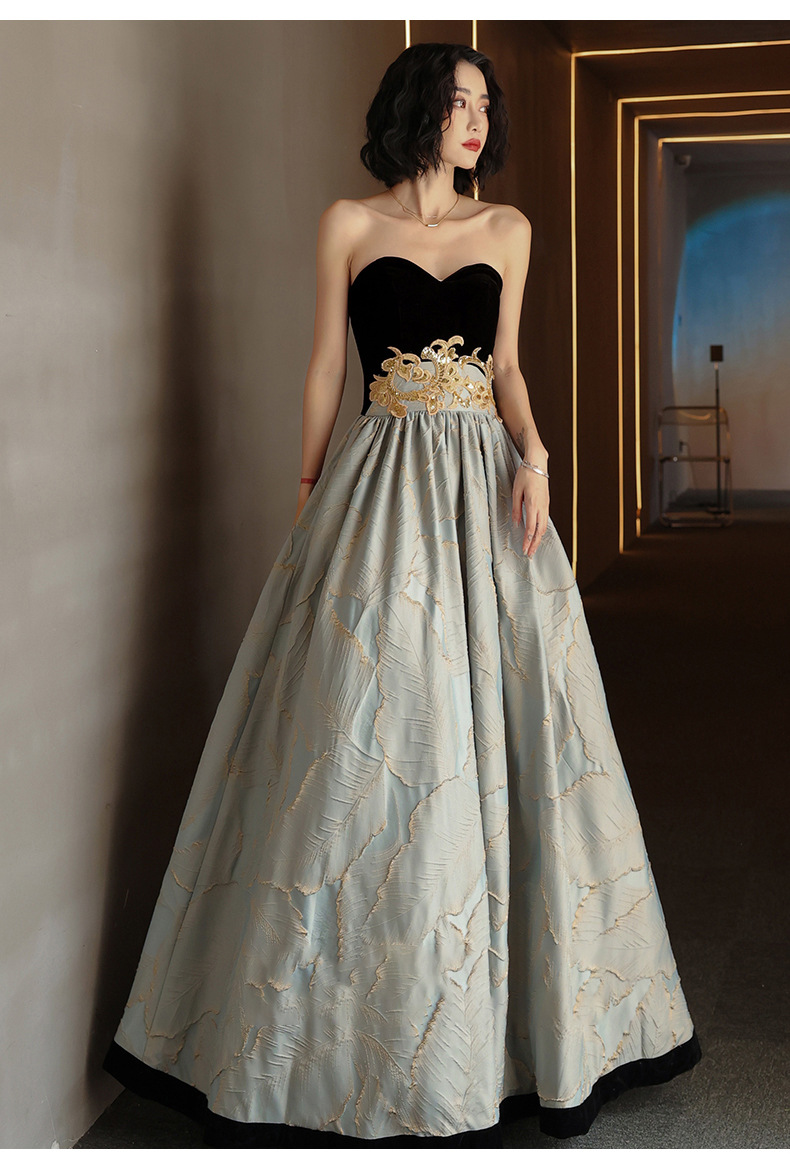 抹胸晚礼服2021秋冬新款主持人黑色长款连衣裙晚宴聚餐气质礼服裙