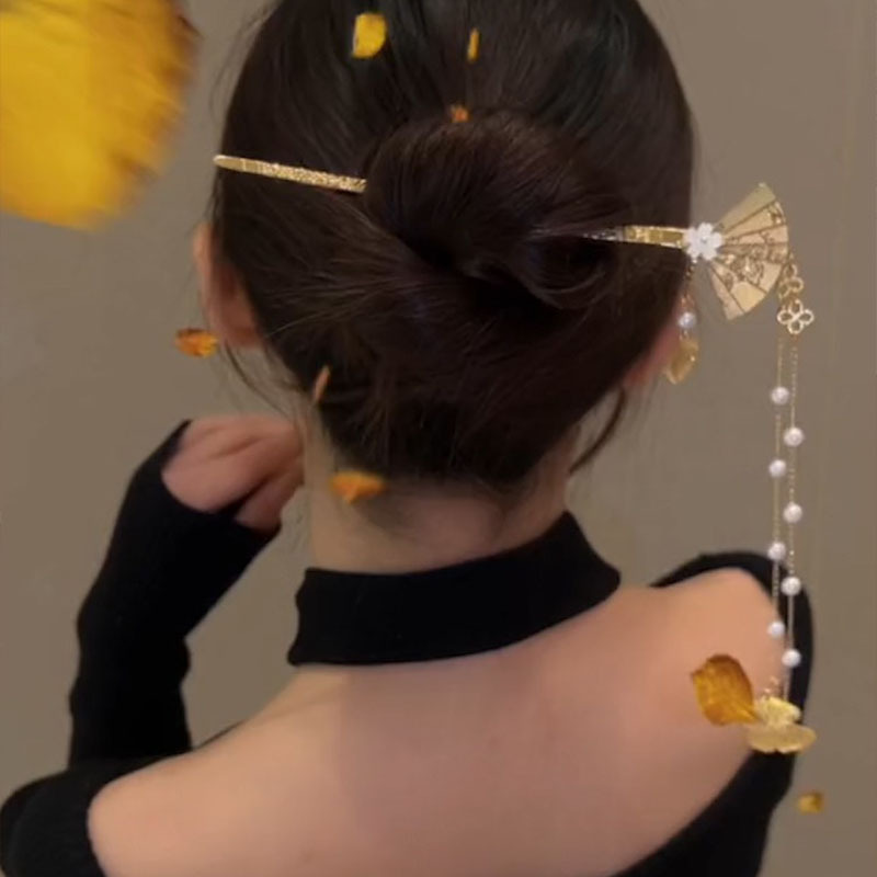 Antique Fan Tassel Step Shake Hair Pin Women's Retro Back Head Updo Pin Hanfu Hair Clasp Hairware Wholesale