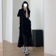 梨形身材法式黑色鱼尾连衣裙子女2024早春季新款夏季气质小黑长裙