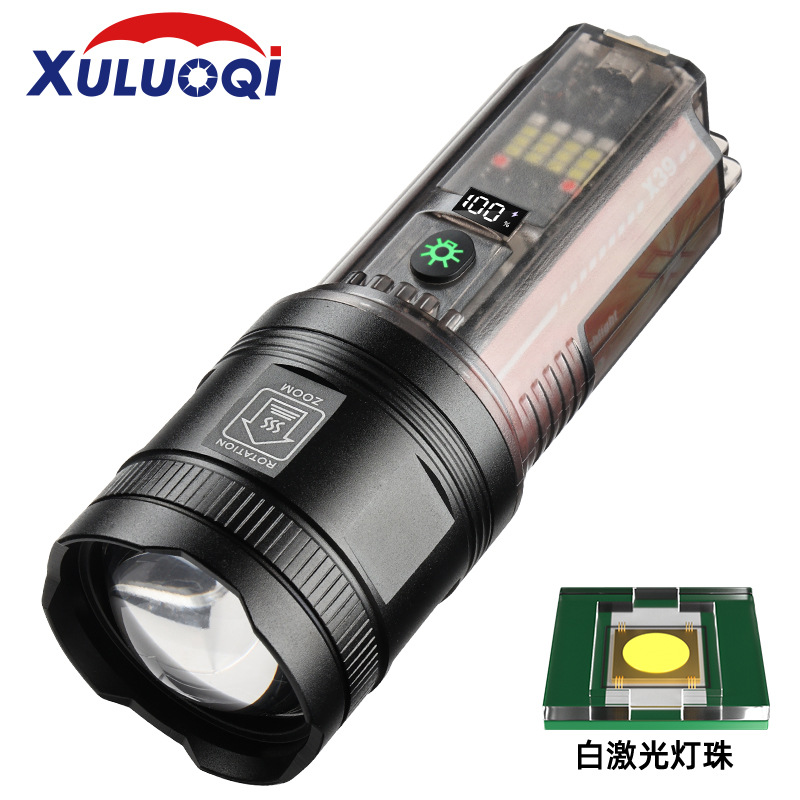 跨境新款强光无框白激光手电筒内置电池type-c多功能手电筒批发