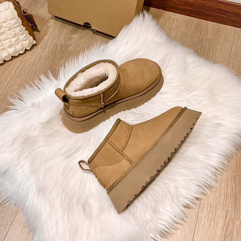 women‘s leather platform mini snow boots winter thicken thermal bread cotton shoes non-slip waterproof northeast cotton boots