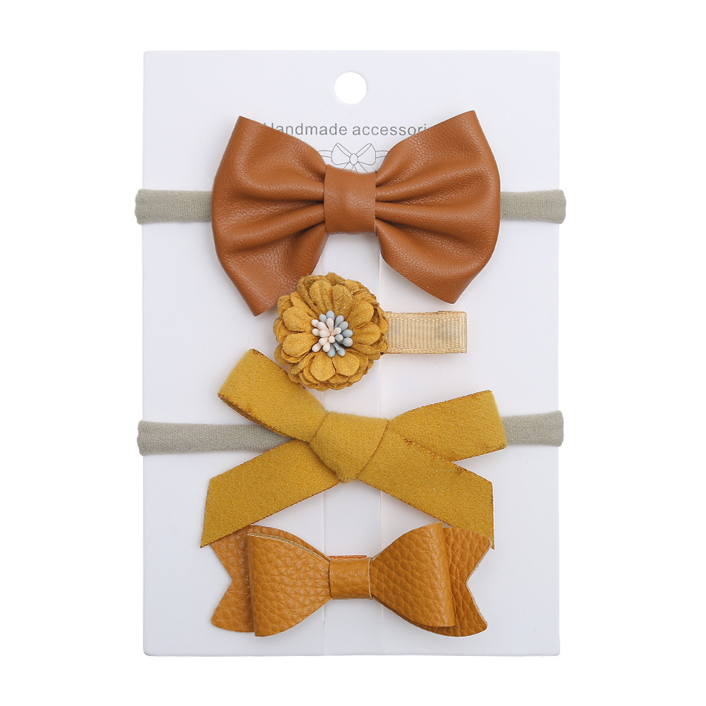 Baby Seamless Nylon Hair Band Set Children's Leather Bow Headband Barrettes Cute Baby Hair Accessories 4-Piece Set
