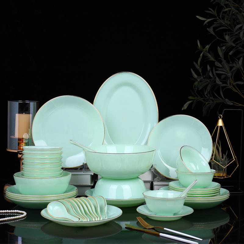 绿色中式景德镇玉瓷餐具套装42件套装白色送礼描金现货碗碟盘家用