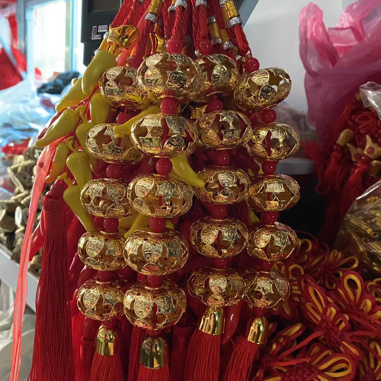 爆款福鱼富裕中国结金属灯笼金色铃铛串花卉花艺汽车装饰挂件