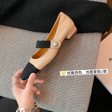 韩版拼色一字带方头低跟单鞋女2023年春季新款仙女风玛丽珍平底鞋