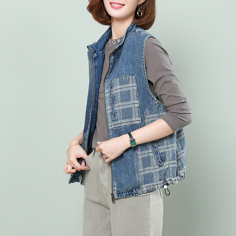 牛仔马甲女时尚格子拼接妈妈立领坎肩2021春秋新款外穿背心短外套