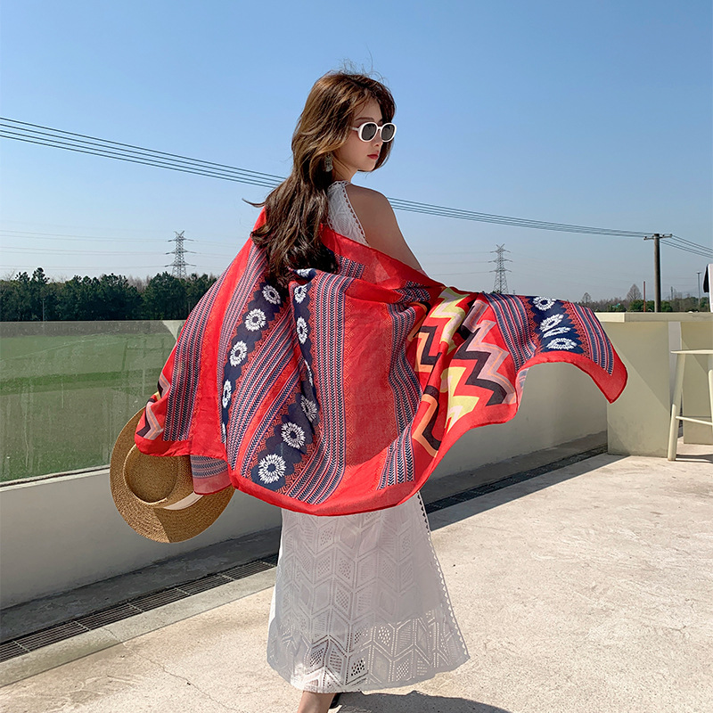 Korean Style Thin Ethnic Style Travel Scarf Long Scarf Summer Seaside Beach Sun Protection Shawl Female Dual Purpose Scarf