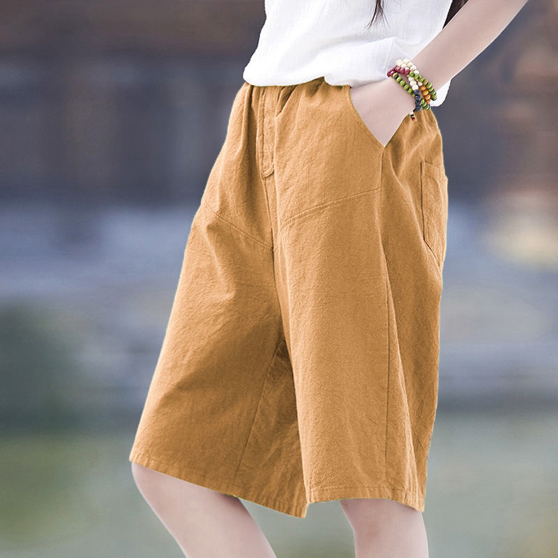 棉麻短裤女夏2021新款宽松高腰五分阔腿裤亚麻休闲直筒中裤代发批