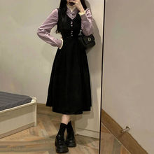 法式设计感气质名媛高腰设计感假两件黑色连衣裙女秋季新款a字裙