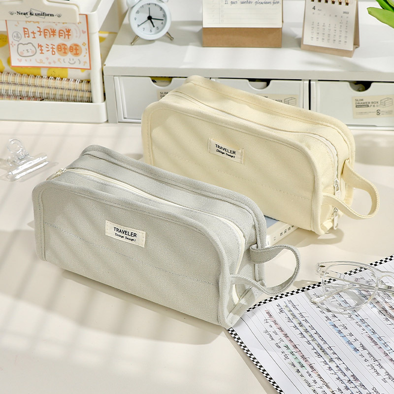 Canvas Pen Bag Large Capacity Girl Simple Japanese Junior High School Girls and Boys Pencil Box Primary School Students Can Be Vertical