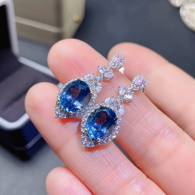 高端奢华仿真蓝托帕石蓝宝石长款耳坠女气质高级感满钻海蓝钻耳环