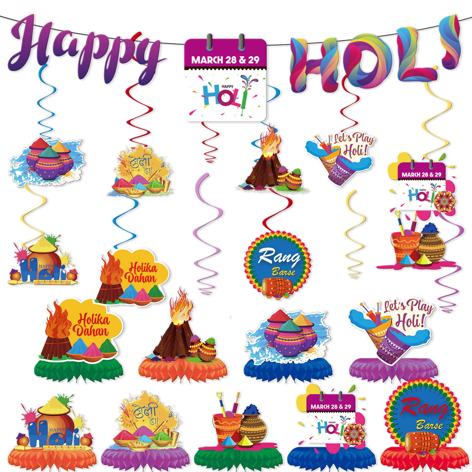 happy holi横幅印度节日彩色拉旗洒红节桌面蜂窝摆件螺旋挂饰装饰