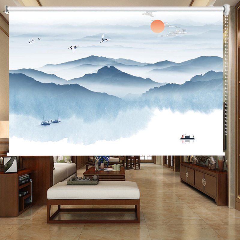 办公室客厅书房卷帘中式窗帘遮光禅意挂画软隔断山水画拉帘免打孔