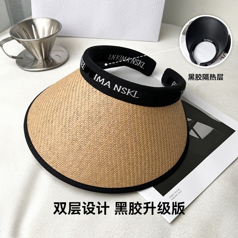 Sun Hat Women's Upgraded Black Rubber Summer Sun Protection Big Brim Sun Protection Straw Hat Breathable Empty Top Straw Woven Headband Sun Hat