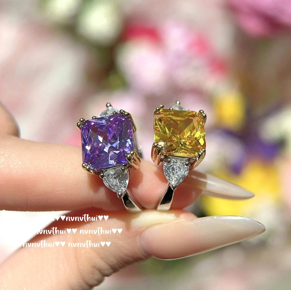 Western Lilac Lavender Big Gem Ring Rich Home Gold 18K Gold Plating Twilight Yellow Fat Square Zircon Ring