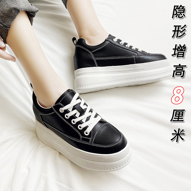 2024秋冬季新款厚底松糕跟圆头真皮休闲女百搭休闲加绒小个子女鞋