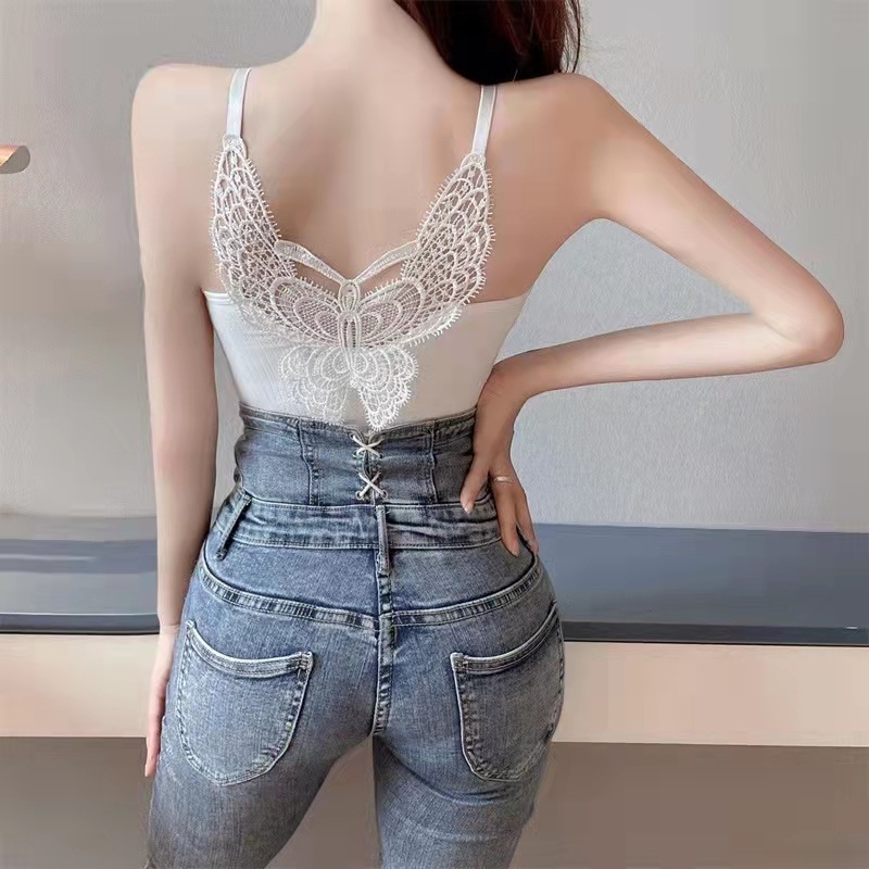新款蕾丝蝴蝶美背设计内搭无缝背心百搭修身性感吊带内衣乳胶胸垫