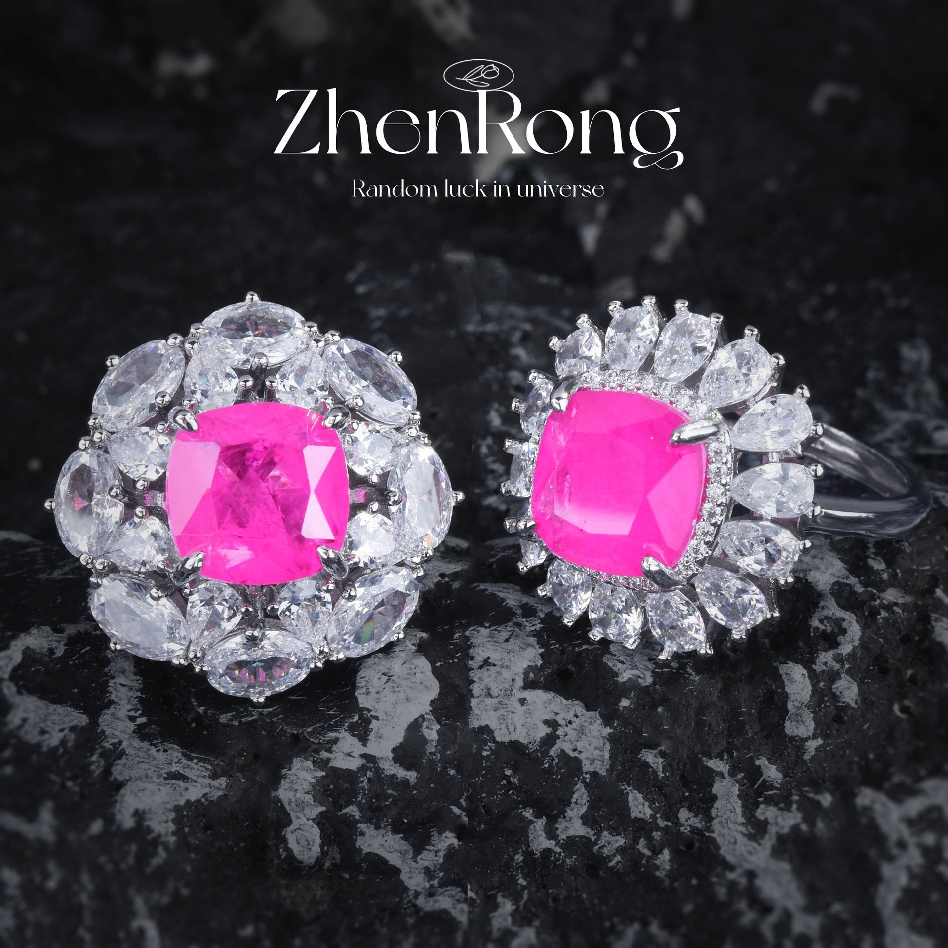 枕方玫红钻开口戒指 豪镶高碳钻仿天然彩宝晶体带棉红宝石戒指女